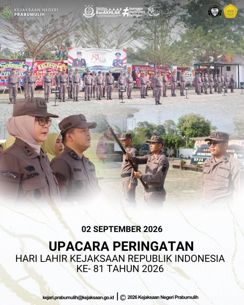 Poster dokumentasi upacara Hari Lahir Kejaksaan RI ke-81 di Kejari Prabumulih, 2 September 2026.
